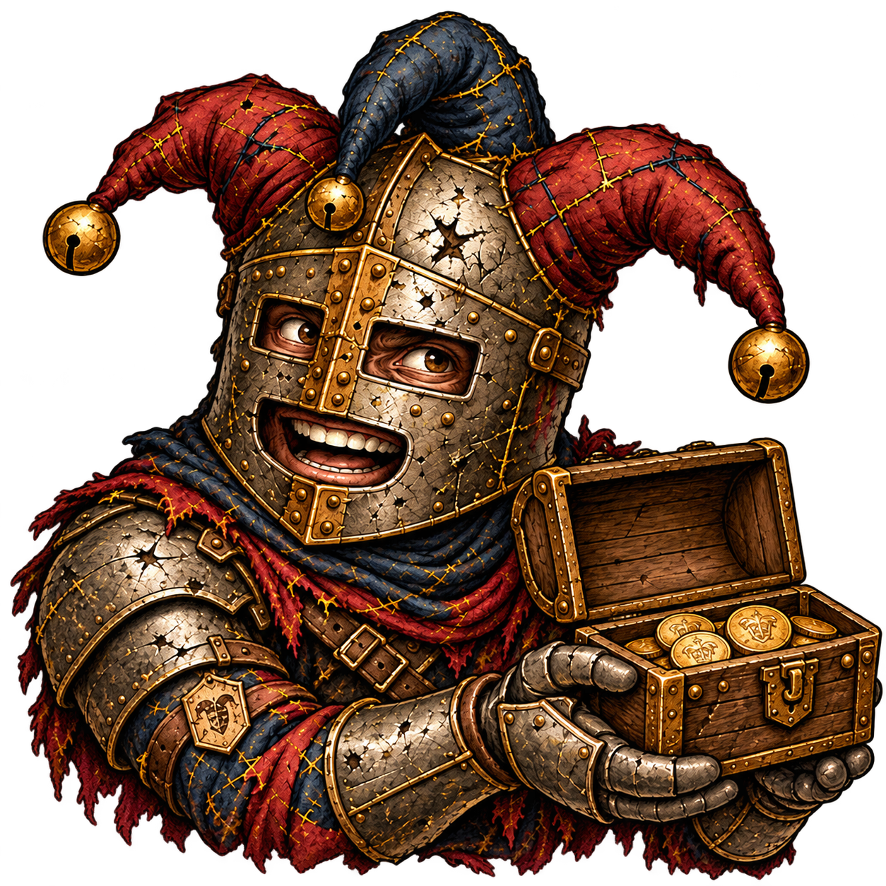 Folly, the armoured jester, with his treasure chest